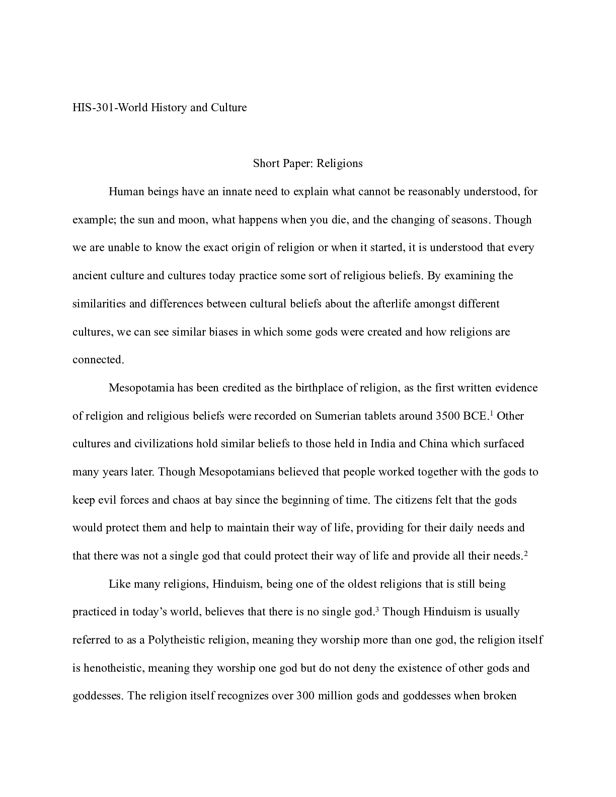 Preview image for HIS301 Short Paper 2.docx    HIS-301-World History and Culture  Short Paper: Religions  Hu